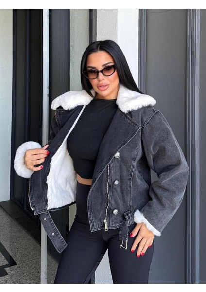 Sagi Kadın Manşet & Yaka Kürk Detaylı Metal Düğme Çapraz Fermuarlı Içi Full Kürklü Kot Mont modelleri