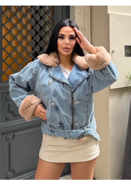 Sagi Kadın Manşet & Yaka Kürk Detaylı Metal Düğme Çapraz Fermuarlı Içi Full Kürklü Kot Mont modelleri