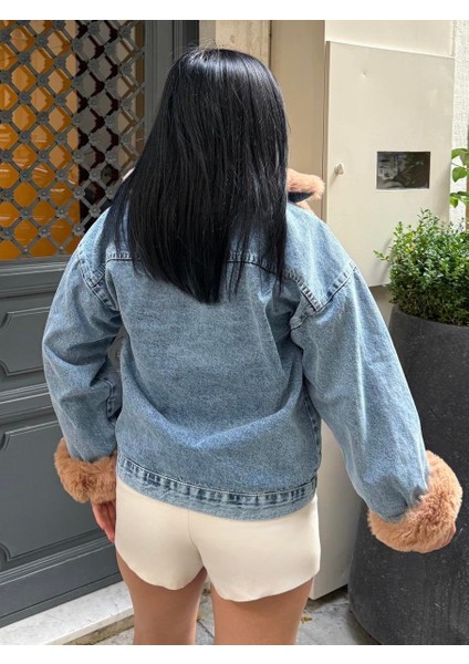 Sagi Kadın Manşet & Yaka Kürk Detaylı Metal Düğme Çapraz Fermuarlı Içi Full Kürklü Kot Mont fırsatları