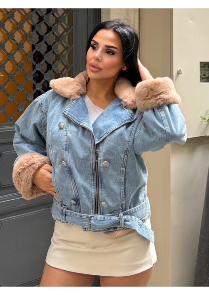 Sagi Kadın Manşet & Yaka Kürk Detaylı Metal Düğme Çapraz Fermuarlı Içi Full Kürklü Kot Mont indirimleri