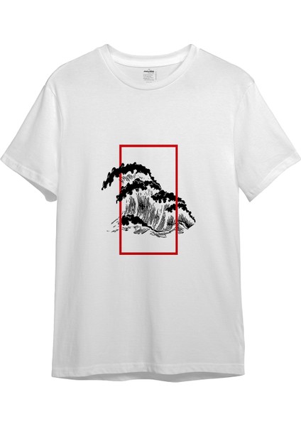 Perspektif Kanagawa Dalgası Tişört - Beyaz