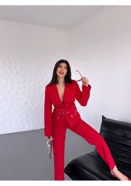 Kadın Zımba Kemer Detaylı Çıtçıtlı Cekete Palazzo Pantolon Şık Takım Elbise indirimleri