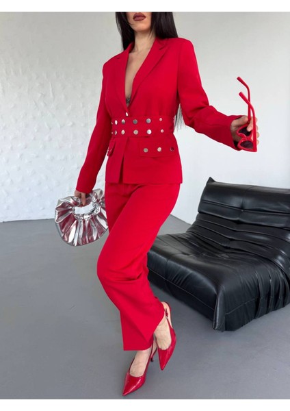 Kadın Zımba Kemer Detaylı Çıtçıtlı Cekete Palazzo Pantolon Şık Takım Elbise