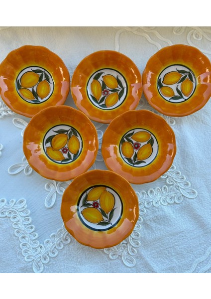 El Yapımı 6'lı Limon Desenli Seramik Çay Tabağı