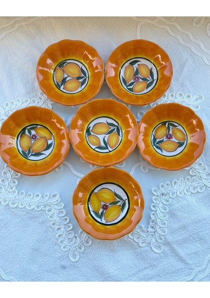 El Yapımı 6'lı Limon Desenli Seramik Çay Tabağı