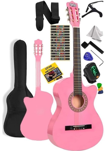 CG-395PK Pembe Renk Kesik Klasik Gitar 4/4 Yetişkin Boy Sap Ayarlı Full Set