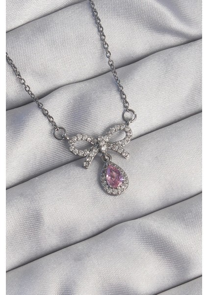 Bfs 316L Çelik Gümüş Renk Fiyonk Detay Pembe Zirkon Taşlı Damla Kolye