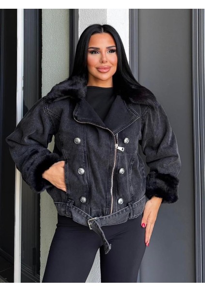 Sagi Kadın Manşet & Yaka Kürk Detaylı Metal Düğme Çapraz Fermuarlı Içi Full Kürklü Kot Mont fiyatları