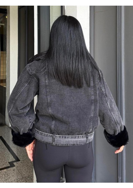 Sagi Kadın Manşet & Yaka Kürk Detaylı Metal Düğme Çapraz Fermuarlı Içi Full Kürklü Kot Mont fırsatları