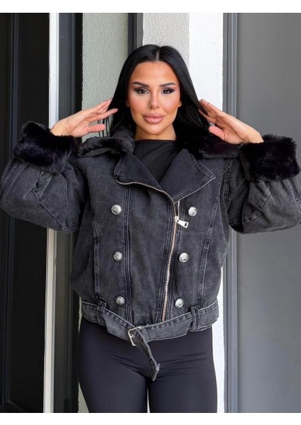 Sagi Kadın Manşet & Yaka Kürk Detaylı Metal Düğme Çapraz Fermuarlı Içi Full Kürklü Kot Mont indirimleri