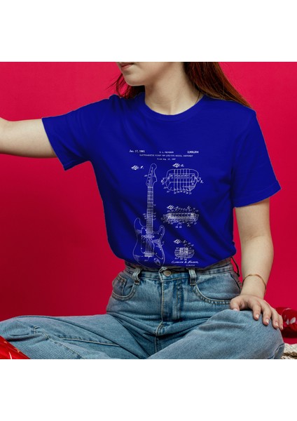 Fender Stratocaster Gitar Tişört - Mavi modelleri