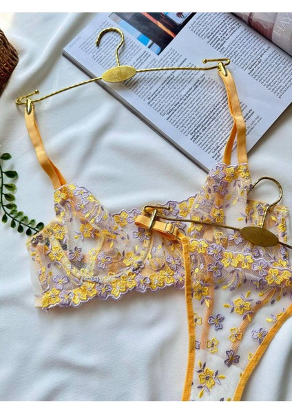 Sarı Çiçekli Transparan Sütyen Takımı