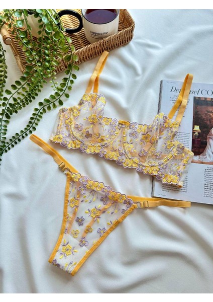 Sarı Çiçekli Transparan Sütyen Takımı fiyatları