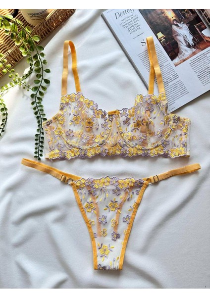 Sarı Çiçekli Transparan Sütyen Takımı modelleri