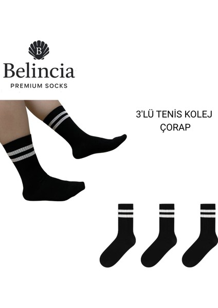 Unisex Tenis Kolej Çizgili Siyah Çorap 3'lü Paket modelleri