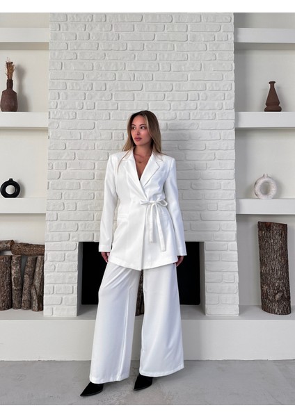 Kadın Yandan Bağlamalı Ikili Kuşaklı Blazer Ceket Pantolon Takım
