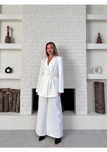 Kadın Yandan Bağlamalı Ikili Kuşaklı Blazer Ceket Pantolon Takım fiyatları