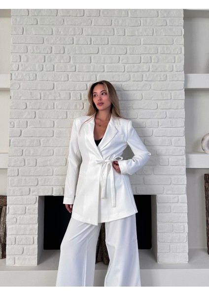 Kadın Yandan Bağlamalı Ikili Kuşaklı Blazer Ceket Pantolon Takım modelleri