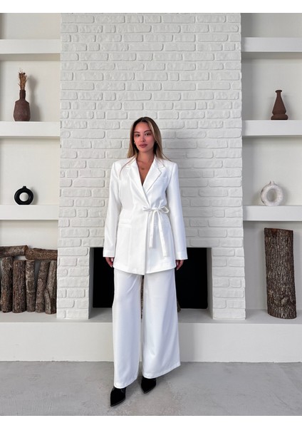 Kadın Yandan Bağlamalı Ikili Kuşaklı Blazer Ceket Pantolon Takım fırsatları