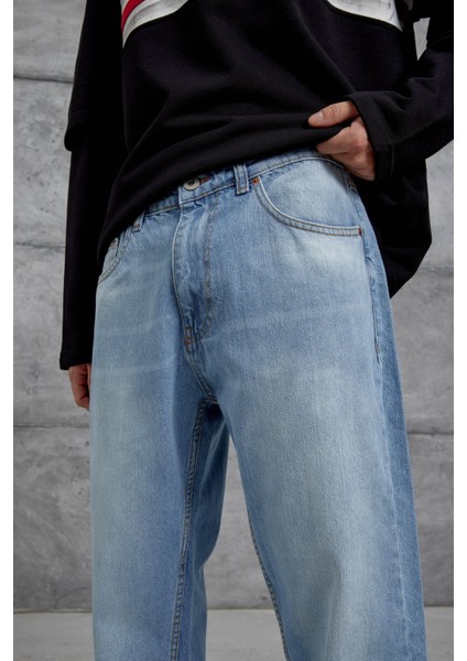 15951 Taşlamalı Mavi Baggy Jean