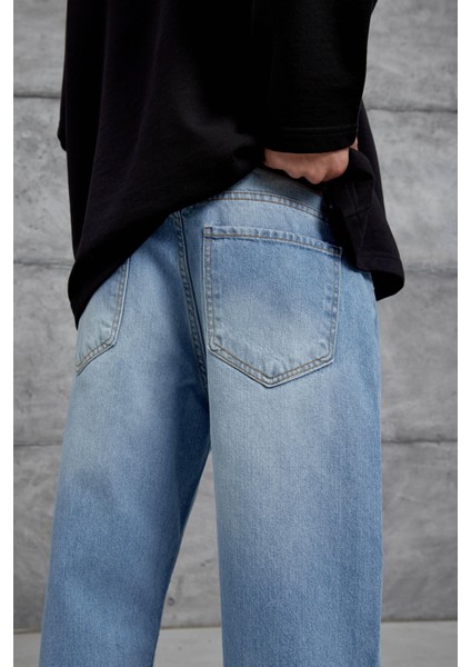 15951 Taşlamalı Mavi Baggy Jean