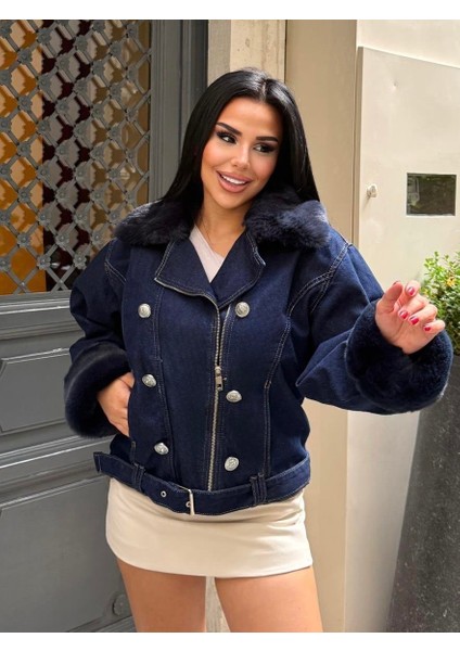 Sagi Kadın Manşet & Yaka Kürk Detaylı Metal Düğme Çapraz Fermuarlı Içi Full Kürklü Kot Mont indirimleri