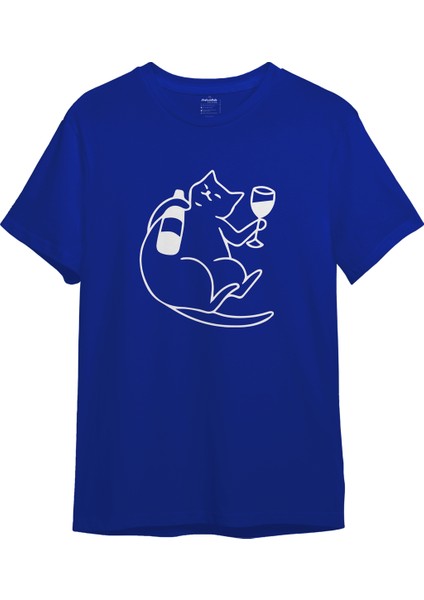 Wine Lover Cat Tişört - Mavi