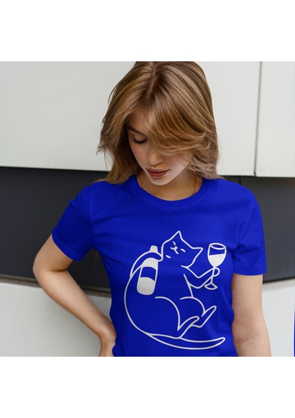 Wine Lover Cat Tişört - Mavi fiyatları