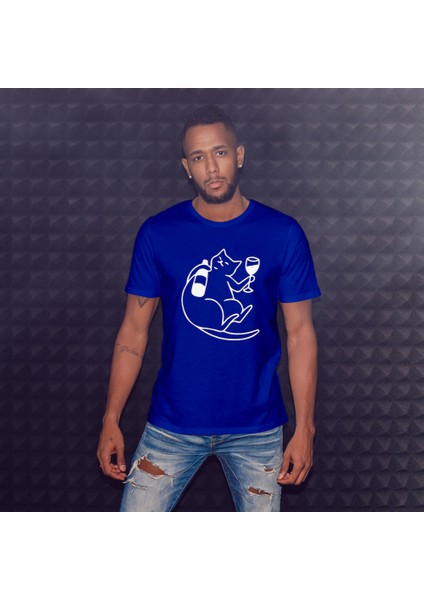 Wine Lover Cat Tişört - Mavi modelleri