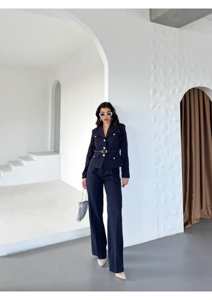 Kadın Kemerli Gold Düğmeli Ceket Palazzo Pantolon Takım Elbise