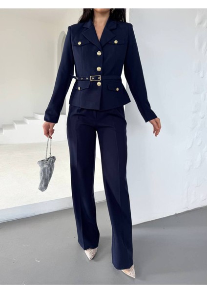Kadın Kemerli Gold Düğmeli Ceket Palazzo Pantolon Takım Elbise