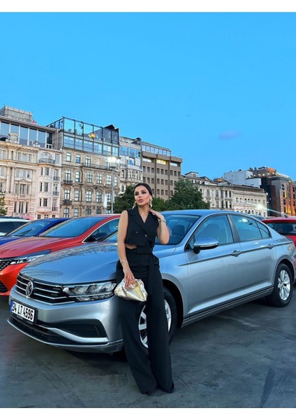 Kadın Düğmeli Yelek Pantolon Kruvaze Yaka Takım