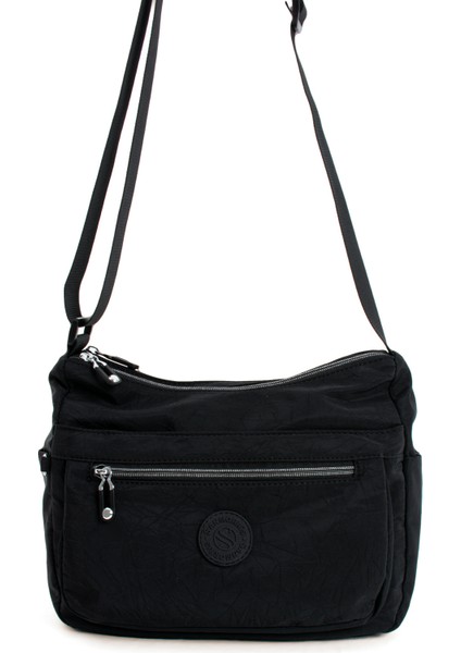 Sanmorris Glc Kadın Çok Gözlü Suya Dayanıklı Krinkıl Kumaş Siyah Renkli Çapraz Askılı Omuz Çantası