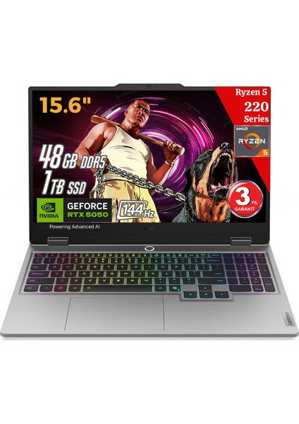 Loq 15AHP10 Aı Amd Ryzen5 220 48GB Ddr5 1tb SSD RTX5050 8gddr7 15.6 IPS 144Hz Fhd Freedos 83JG006BTR Dizüstü Bilgisayar (Yapay Zeka Destekli)