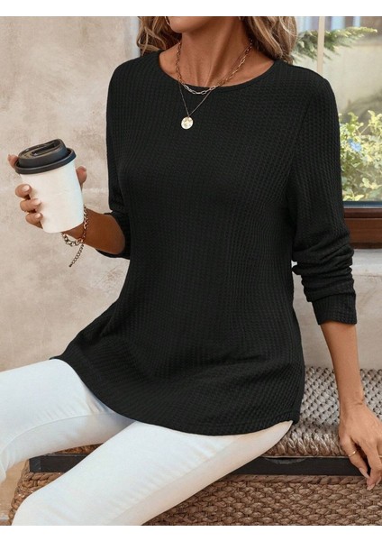 Kadın Uzun Kollu Yuvarlak Yaka Arkası Düğmeli Rahat Kalıp Dokulu Örme Kumaş Günlük Şık Bluz – Siyah indirimleri