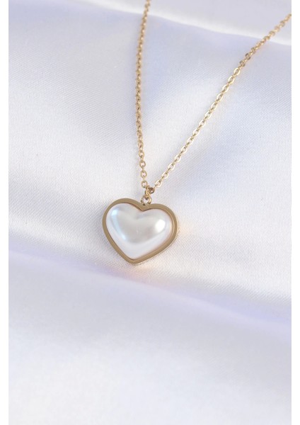 Bfs 316L Çelik Zincir Gold Renk Beyaz Taşlı Bubble Kalp Kolye