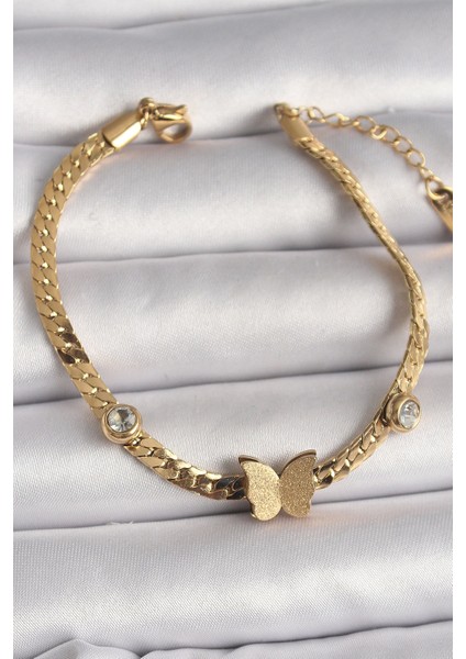 Bfs 316L Çelik Gold Renk Yassı Zincir Zirkon Taşlı Simli Kelebek Figür Kadın Bileklik
