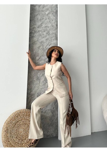 Kadın Alt Üst Takım Şık Düğme Detaylı Premium Yelek Pantolon Ikili Takım Elbise fiyatları