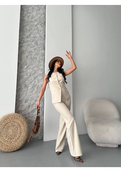 Kadın Alt Üst Takım Şık Düğme Detaylı Premium Yelek Pantolon Ikili Takım Elbise