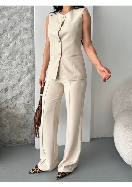 Kadın Alt Üst Takım Şık Düğme Detaylı Premium Yelek Pantolon Ikili Takım Elbise