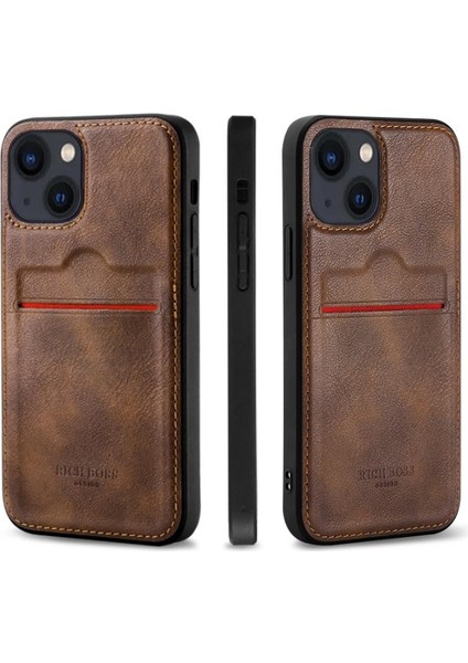 Apple iPhone 15 Plus Deri Kartlıklı Lüks Kılıf Koyu Kahverengi