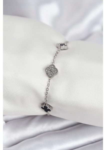 Bfs 316L Çelik Gümüş Renk Siyah ve Zirkon Taşlı Baby Boy Yonca Kadın Bileklik