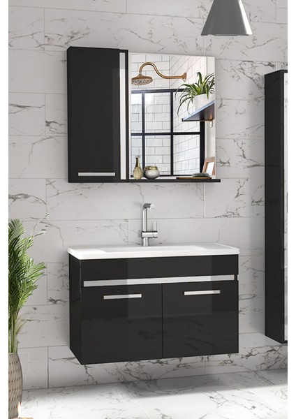 Gold Siyah Gri 80 cm Mdf-Lavabolu Banyo Dolabı Seti-Hazır Kurulu-