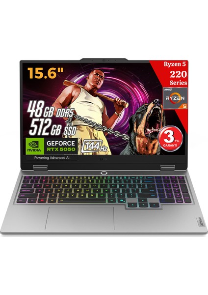 Loq 15AHP10 Aı Amd Ryzen5 220 48GB Ddr5 512GB SSD RTX5050 8gddr7 15.6 IPS 144Hz Fhd Freedos 83JG006BTR Dizüstü Bilgisayar (Yapay Zeka Destekli)
