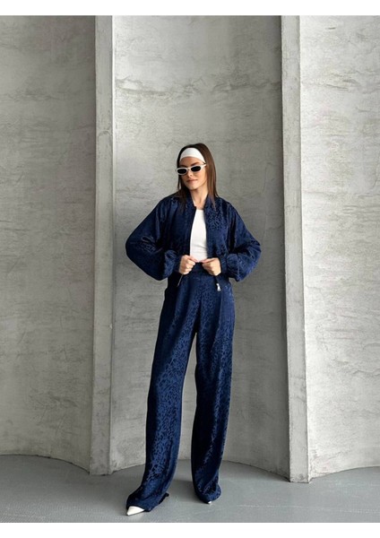 Kadın Leopar Saten Ceket Pantolon Ikili Takım modelleri