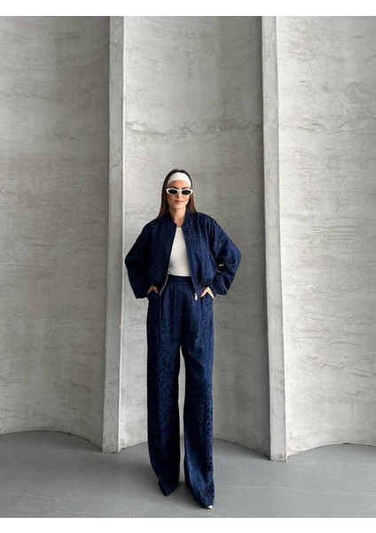 Kadın Leopar Saten Ceket Pantolon Ikili Takım