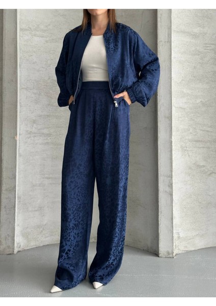 Kadın Leopar Saten Ceket Pantolon Ikili Takım