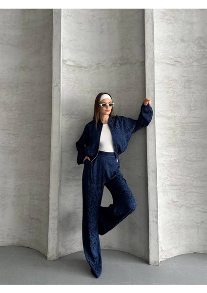 Kadın Leopar Saten Ceket Pantolon Ikili Takım