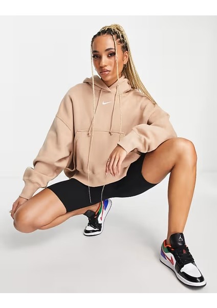 Sportswear Phoenix Fleece Oversize Pullover Hoodie Kadın Kapüşonlu Bol Kesim Sweatshirt Bej