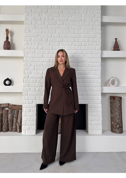 Kadın Yandan Bağlamalı Kuşaklı Blazer Ceket Palazzo Pantolon Ikili Takım Elbise